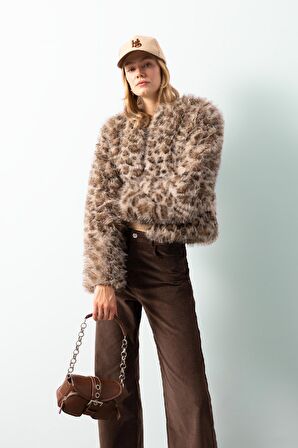 Regular Fit Leopar Desenli Suni Kürk Ceket Mont