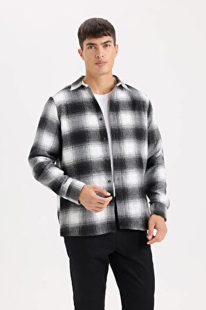 DeFacto Regular Fit Polo Yaka Kareli Flanel Uzun Kollu Gömlek D5835AX24AUBK81