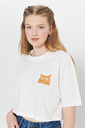 Oversize Fit Bol Kesim %100 Pamuk Bisiklet Yaka Baskılı Crop Tişört