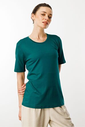Kadın Sıfır Yaka Basic Penye T-shirt Yeşil