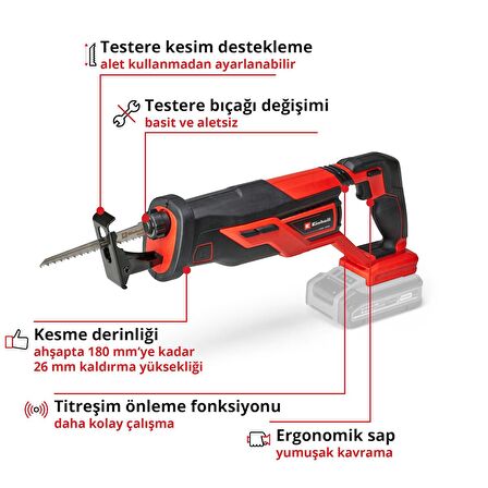 Einhell Akülü Kılıç Testere TE-AP 18/26 Li-Solo Power X-Change (Li-Ion, 18 V, 26 mm Kaldırma Yüksekliği, Ahşapta 18 cm Kesim Derinliği, Testere Bıçağı Dahil, Akü ve Şarj Cihazı Dahil Değildir)