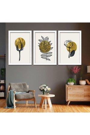 Geyik Soyut Desen Gold Pleksi Kenar Üçlü Mdf Tablo Seti