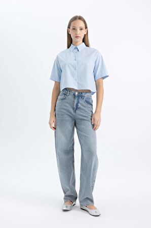 DeFacto Coool Oversize Fit Çizgili Kısa Kollu Poplin Gömlek C0740AX24SMBE759