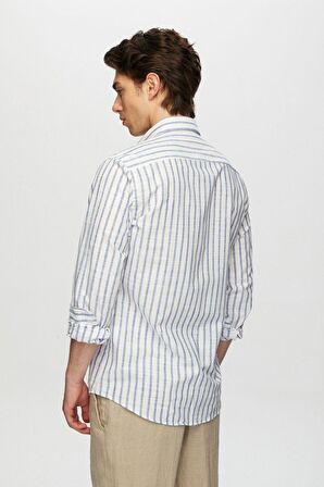 Ds Damat Slim Fit Mavi Çizgili Düğmeli Yaka %100 Pamuk Flamlı Yazlık Keten Görünümlü Gömlek 0HC02ORT06265 0HC02ORT06265