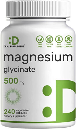 Deal Supplement Magnesium(Magnezyum) Glycinate 500mg, 240 Veggie Capsules | 100% Chelated for Easy Absorption | Essential Mineral Supplement for Muscle, Sleep, & Heart Health