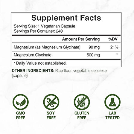 Deal Supplement Magnesium(Magnezyum) Glycinate 500mg, 240 Veggie Capsules | 100% Chelated for Easy Absorption | Essential Mineral Supplement for Muscle, Sleep, & Heart Health