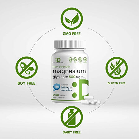 Deal Supplement Max Strength Magnesium(Magnezyum) Glycinate 500mg Per Serving, 240 Capsules | 100% Chelated for Easy Absorption | Essential Mineral Supplement for Muscle, Sleep, & Heart Health
