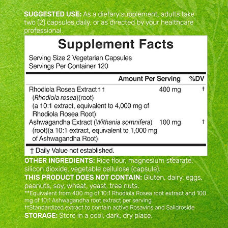 DEAL SUPPLEMENT Rhodiola Rosea 5,000mg 240 Veggie Capsu Max Strength 10:1 Energy Brain Health