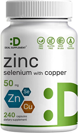 Deal Supplement Zinc Picolinate (Çinko) 50mg with Selenium + Copper(Bakır)240 Caps Supports Healthy Immune System for Adults and Kids