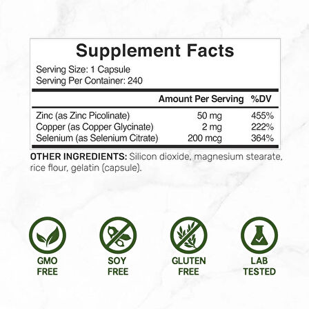 Deal Supplement Zinc Picolinate (Çinko) 50mg with Selenium + Copper(Bakır)240 Caps Supports Healthy Immune System for Adults and Kids