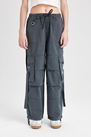 DeFacto Coool Wide Leg Gabardin Pantolon Geniş Paça Normal Bel Basic Düz Bağcıklı Kargo Cepli B1205AX24AUAR138