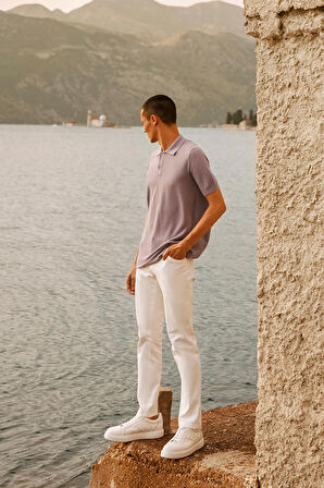 Erkek Lila Standart Fit Normal Kesim Polo Yaka %100 Pamuk Kısa Kollu Triko Tişört