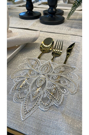 Linen Fransız Dantelli Gold Simli Ekru Amerikan Servis 2’li