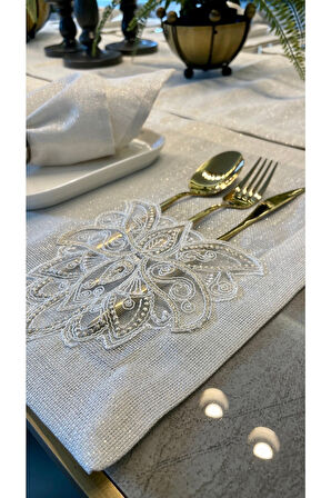 Linen Fransız Dantelli Gold Simli Ekru Amerikan Servis 2’li