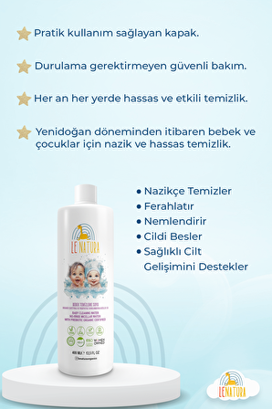 LE NATURA Organik & Vegan Sertifikalı, Prebiyotikli Bebek Temizleme Suyu-durulanmayan Miseler Su - 400 ml