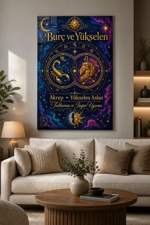 Akrep Yükselen Aslan Baskılı Cam Tablo – Astroloji UV Baskı Duvar Dekoru