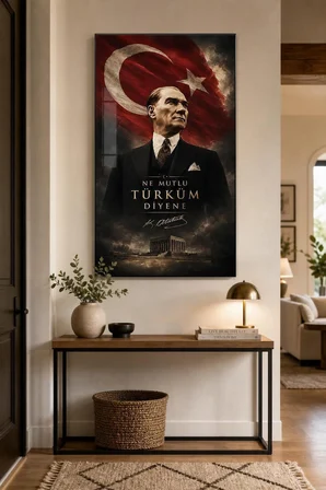Atatürk Türk Bayrağı Baskılı Cam Tablo – UV Baskı Dekoratif Duvar Tablosu