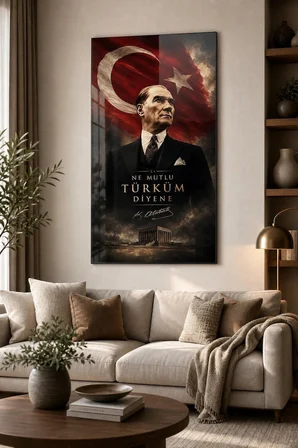 Atatürk Türk Bayrağı Baskılı Cam Tablo – UV Baskı Dekoratif Duvar Tablosu