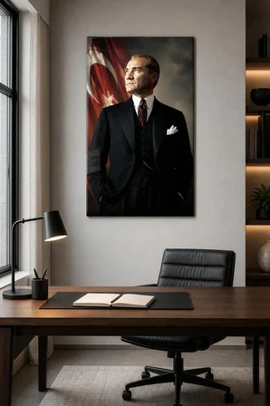 Atatürk Portre Baskılı Cam Tablo – Türk Bayrağı UV Baskı Dekoratif Duvar Tablosu