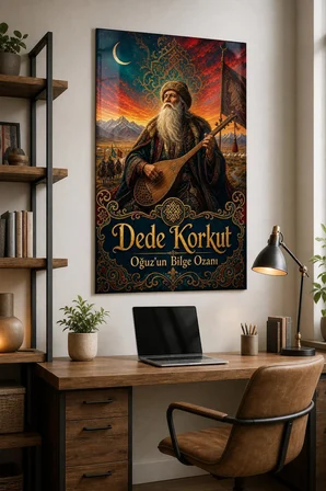 Dede Korkut Temalı Baskılı Cam Tablo – Türk Kültürü Dekoratif Duvar Tablosu