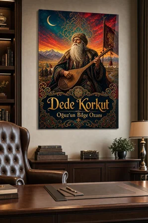 Dede Korkut Temalı Baskılı Cam Tablo – Türk Kültürü Dekoratif Duvar Tablosu
