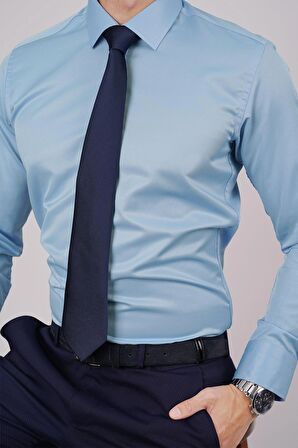 Gömlek Kravat Seti ( Lacivert Düz Kravat & Şeker Mavisi Saten Slimfit Gömlek)