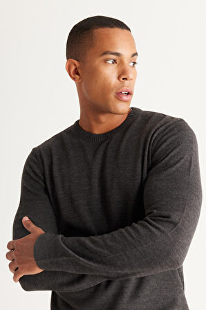 Erkek Antrasit-Melanj Standart Fit Normal Kesim Bisiklet Yaka Desenli Triko Kazak