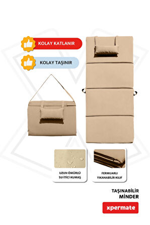 XPERMATE Katlanır Şezlong Minderi - Taşınır Kamp Yatağı Su Itici Solmaz Kumaş 180x60x3 Bej Ultraluks