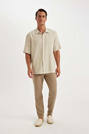 DeFacto Relax Fit Polo Yaka Çizgili Keten Kısa Kollu Gömlek C1111AX24SMBG750