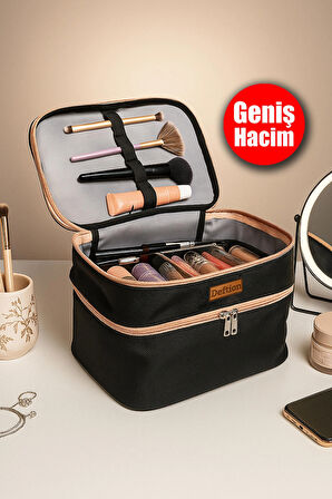 Deftion Profesyonel Büyük Boy Su Geçirmez Çift Katlı Makyaj Çantası Organizeri Seyahat Kozmetik Parfüm Taşıma Bölmeli Kadın Bakım Çantası