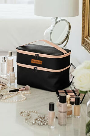 Deftion Profesyonel Büyük Boy Su Geçirmez Çift Katlı Makyaj Çantası Organizeri Seyahat Kozmetik Parfüm Taşıma Bölmeli Kadın Bakım Çantası