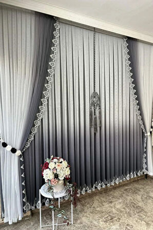 Gri Antrasit Degrade Renk Geçişli Etek Nakışlı Tül Fon Takım