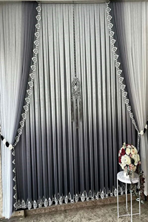 Gri Antrasit Degrade Renk Geçişli Etek Nakışlı Tül Fon Takım