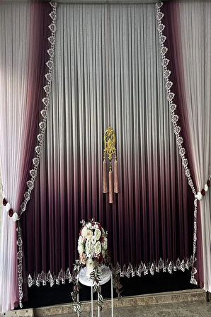 Mürdüm Mor Degrade Renk Geçişli Etek Nakışlı Tül Fon Takım