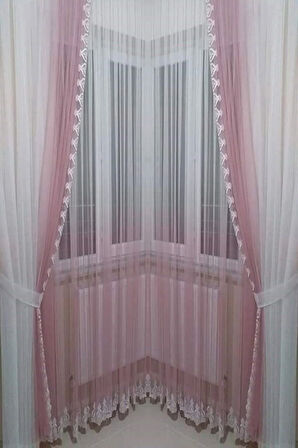 Pudra Pembe Degrade Renk Geçişli Etek Nakışlı Tül Fon Takım