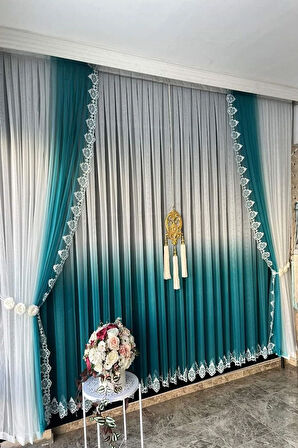 Petrol Turkuaz Degrade Renk Geçişli Etek Nakışlı Tül Fon Takım