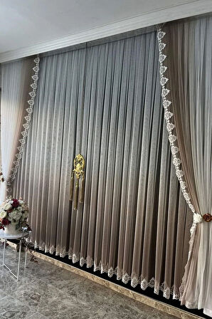 Vizon Bej Açık Kahverenk Degrade Renk Geçişli Etek Nakışlı Tül Fon Takım