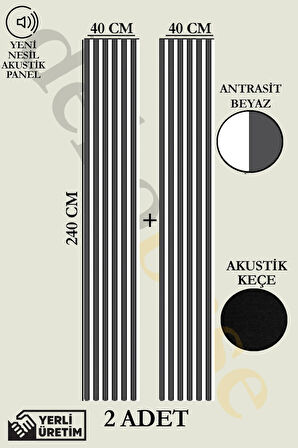 Antrasit-beyaz (2 ADET) 40x240cm Yeni Nesil Akustik Ahşap Duvar Paneli