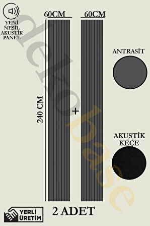 Antrasit (2 ADET) 60x240cm Yeni Nesil Akustik Ahşap Duvar Paneli