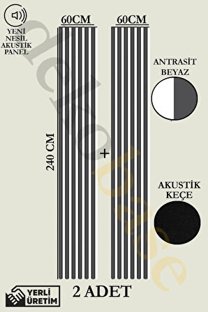 Antrasit-beyaz (2 ADET) 60x240cm Yeni Nesil Akustik Ahşap Duvar Paneli