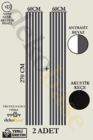 Antrasit-Beyaz (2 ADET) 60x270 cm Yeni Nesil Akustik Ahşap Duvar Paneli