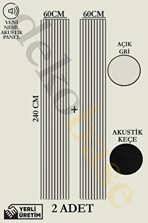 Açık Gri (2 ADET) 60x240cm Yeni Nesil Akustik Ahşap Duvar Paneli