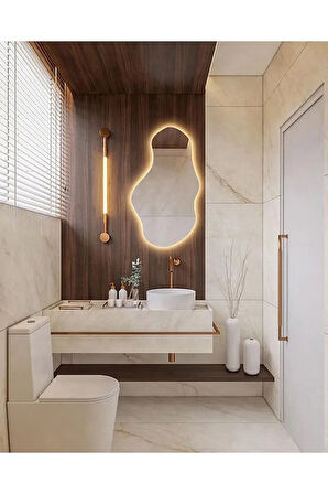 Fawdecor Led Işıklı Asimetrik Model Dekoratif Duvar Aynası, Modern Eşsiz Ayna, Ayna Duvar Dekorasyon Ürünü 70 x 35 Cm Gün Işığı 