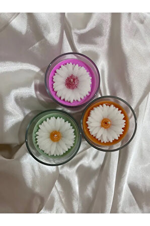 3 Adet Kokulu Soya Wax Papatya Dekorlu Cam Bardak Mum Seti