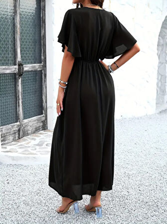 delta online Kadın Kısa Kollu V Yakalı Beli Lastikli Uzun Viskon Elbise