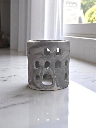 Mermer Desenli El Yapımı Beton Tealight Mumluk +4’lü MaxiTealight Kalemlik Tealightlık taş tozu