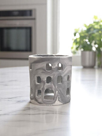Mermer Desenli El Yapımı Beton Tealight Mumluk +4’lü MaxiTealight Kalemlik Tealightlık taş tozu