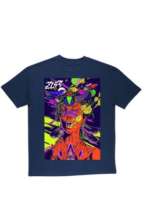 Lenithra Psychedelic Sırt Baskılı Unisex Oversize T-shirt Füme / L