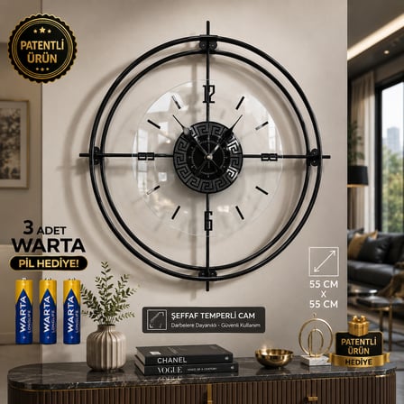 (xxl 65*65 ) Siyah Deluxe Şeffaf Cam Iskandinav Modern Dekoratif Duvar Saati
