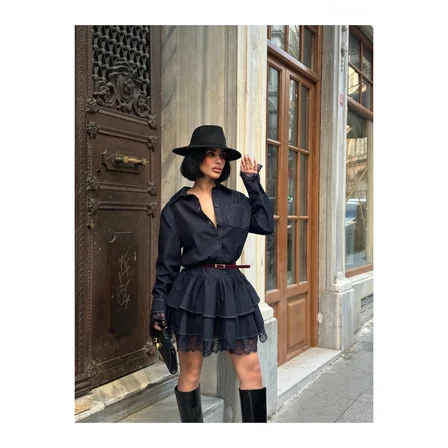 Kadın Lacivert Denim Fırfırlı Mini Elbise